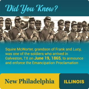 Did You Know? Squire McWorter Jr, grandson of Frank and Lucy, was one of the soldiers who arrived in Galveston, TX on June 19, 1865, to enforce the Emancipation Proclamation.